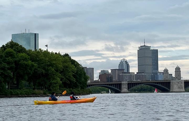 Liling Chang and Shaoqing Liu kayaking on the Charles River